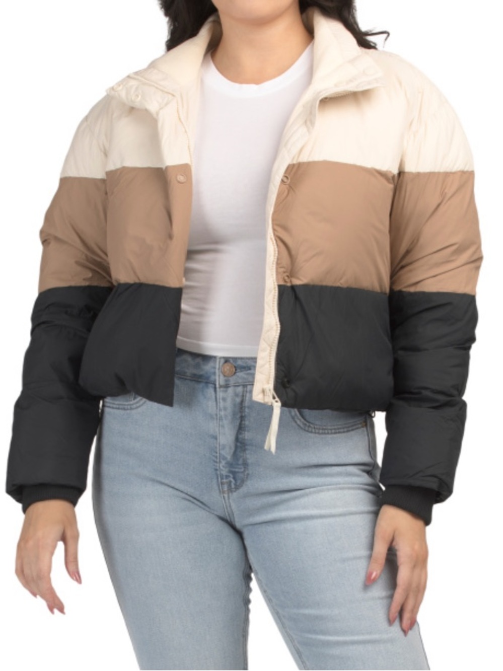 MARINE LAYER Cropped Puffer Jacket Cream, Tan & Black